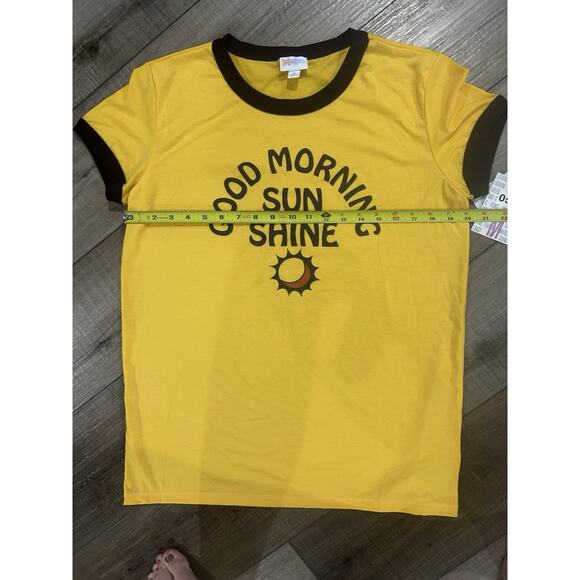 NWT LuLaRoe MEDIUM Liv T-Shirt Gold Dark Brown‎ Ringer Good Morning Sunshine Sun - Picture 2 of 5
